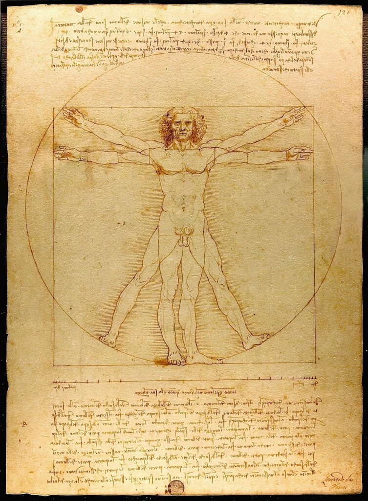 Dessin de l'Homme de Vitruve de Léonard de Vinci illustrant les proportions idéales du corps humain selon le nombre d’or.