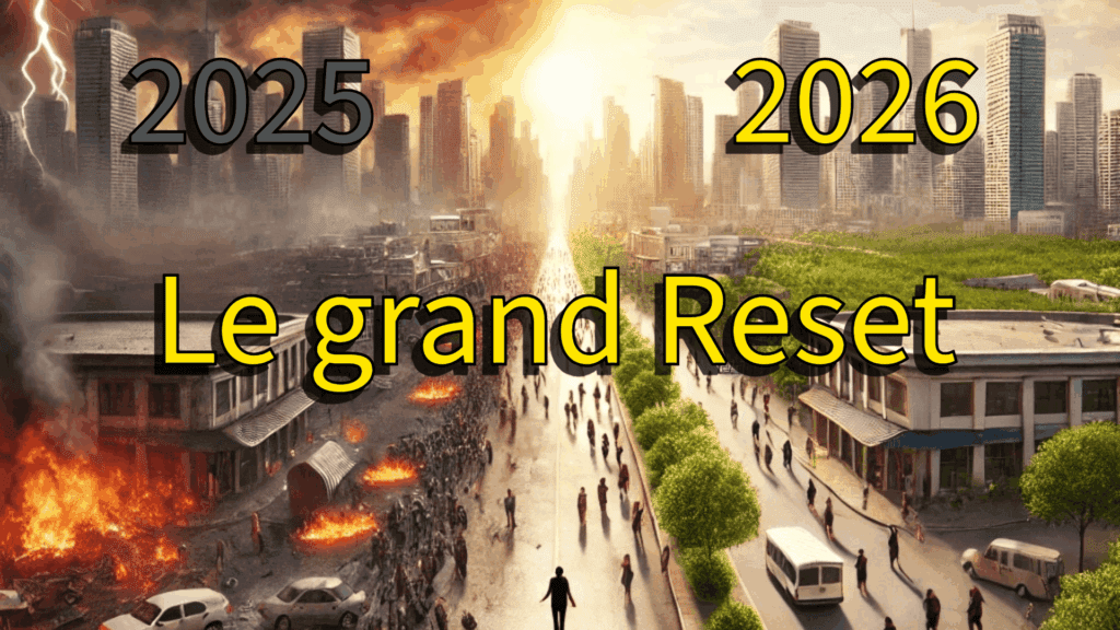 Illustration symbolique de la transition entre une année chaotique (2025) et une année lumineuse et ordonnée (2026), avec la mention "Le grand Reset".