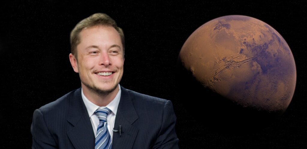 Elon Musk souriant devant une image de la planète Mars, illustrant une personnalité née le 28 associée à l’énergie du 1 en numérologie entre ambition, vision et construction