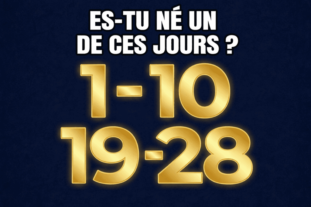 Miniature YouTube avec le texte "Es-tu né un de ces jours ?" et les chiffres 1, 10, 19 et 28 en doré sur fond bleu, illustrant la numérologie du jour de naissance