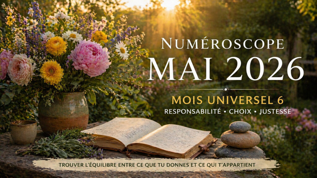 Illustration du numéroscope de mai 2026, mois universel 6, avec un bouquet de fleurs, un journal ouvert et des pierres en équilibre symbolisant responsabilité, choix et justesse.