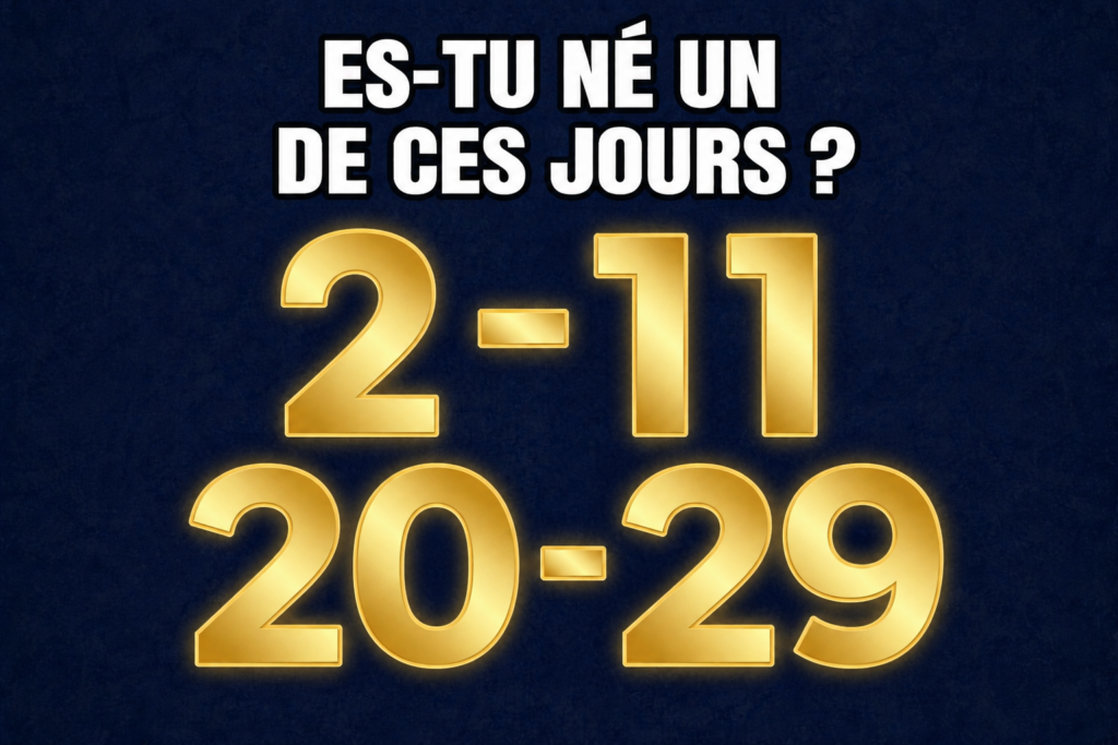 Image de mise en avant avec le texte « Es-tu né un de ces jours ? » et les dates 2, 11, 20 et 29 en lettres dorées, pour un article sur leur signification en numérologie.