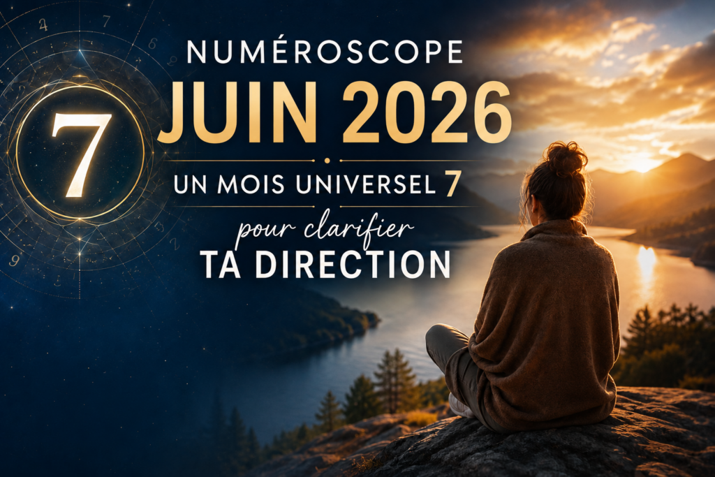 Visuel du numéroscope de juin 2026, mois universel 7, avec une personne face à un paysage lumineux symbolisant recul, clarté et direction.