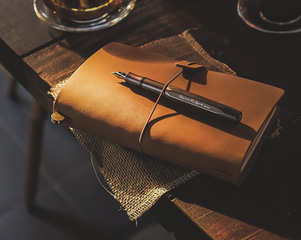 Carnet en cuir et stylo posés sur une table, illustrant le bilan du mois universel 9 d’août 2026.